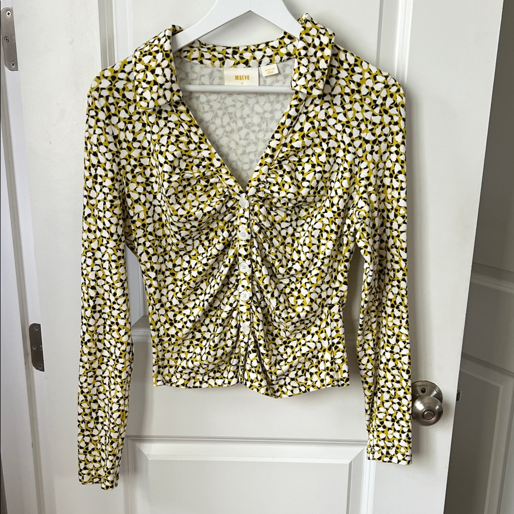 Maeve Anthropologie Crop Top Ruche 90’s Y2K Boho Geo Yellow Stretch Cotton M